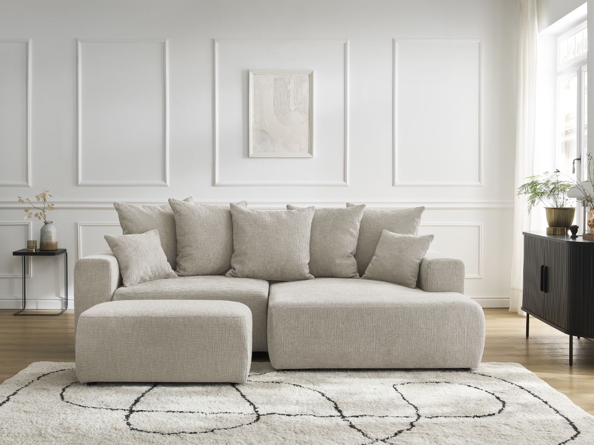 Bobochic Atilla Ecksofa mit Schlaffunktion und Bettkasten und Pouf Strukturstoff Beige Ecke rechts