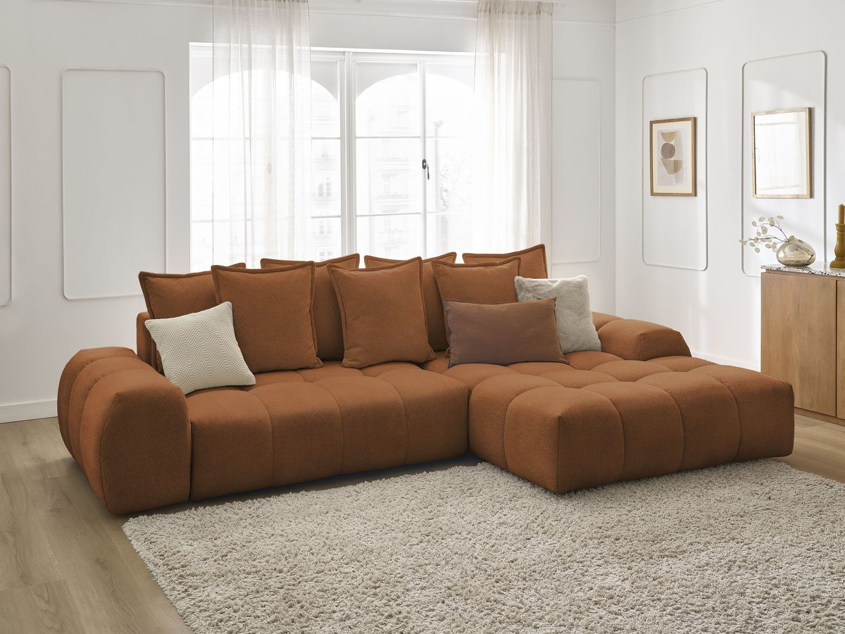 Bobochic Everest Ecksofa mit Schlaffunktion und Bettkasten 318 × 180 cm, 7 Kissen Melange-Stoff Orange Ecke rechts