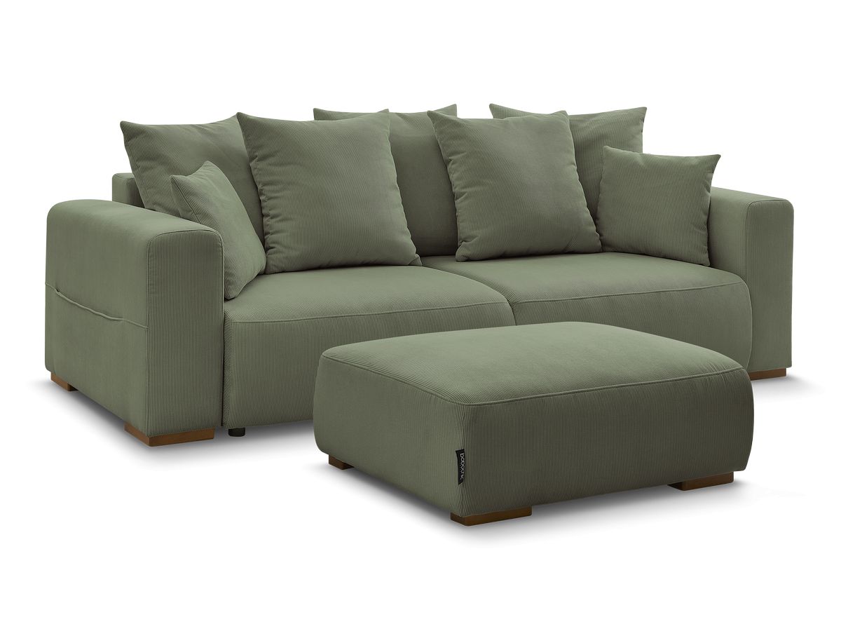Bobochic Sidonie Schlafsofa 4-Sitzer mit Bettkasten und Pouf Cordsamt Grün