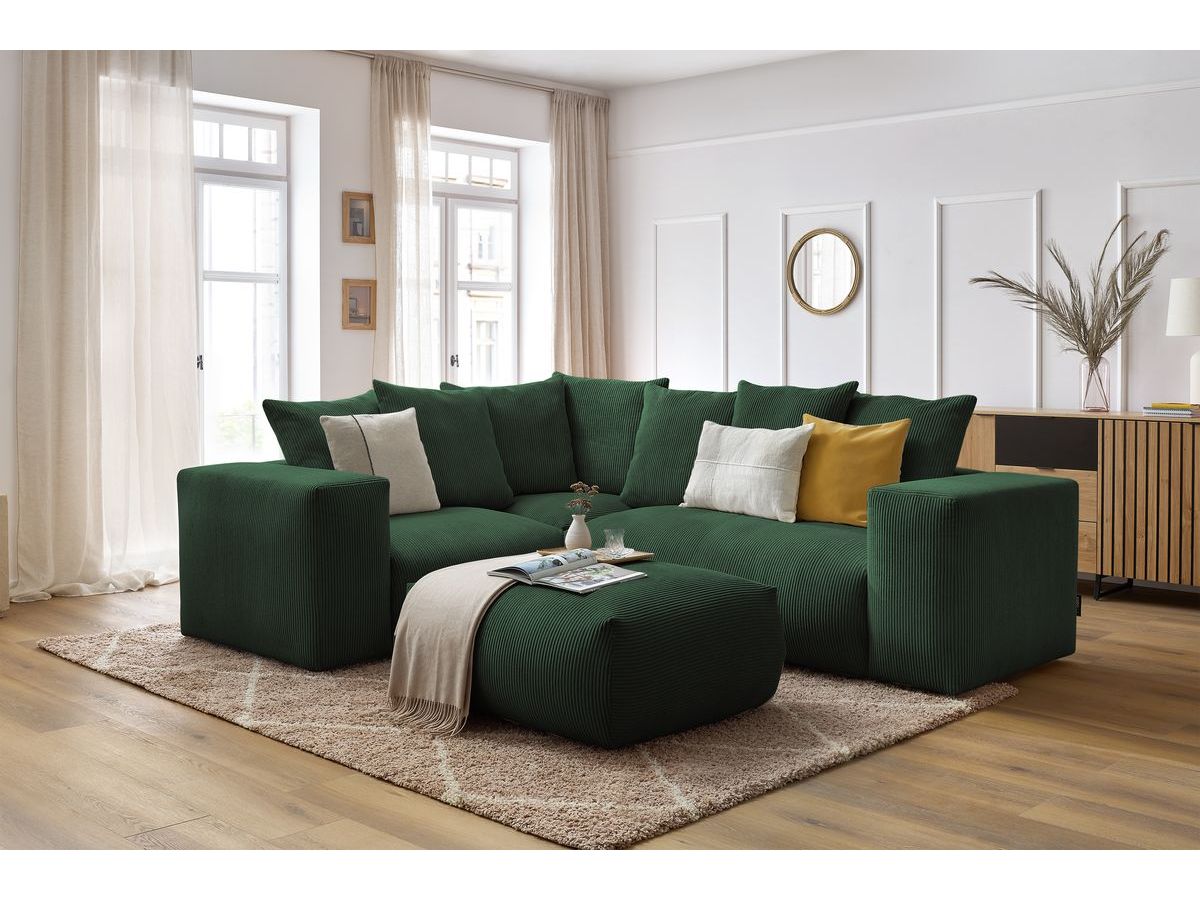 Bobochic Voltaire Ecksofa mit Pouf 268 × 214 cm Cordsamt Grün Ecke links