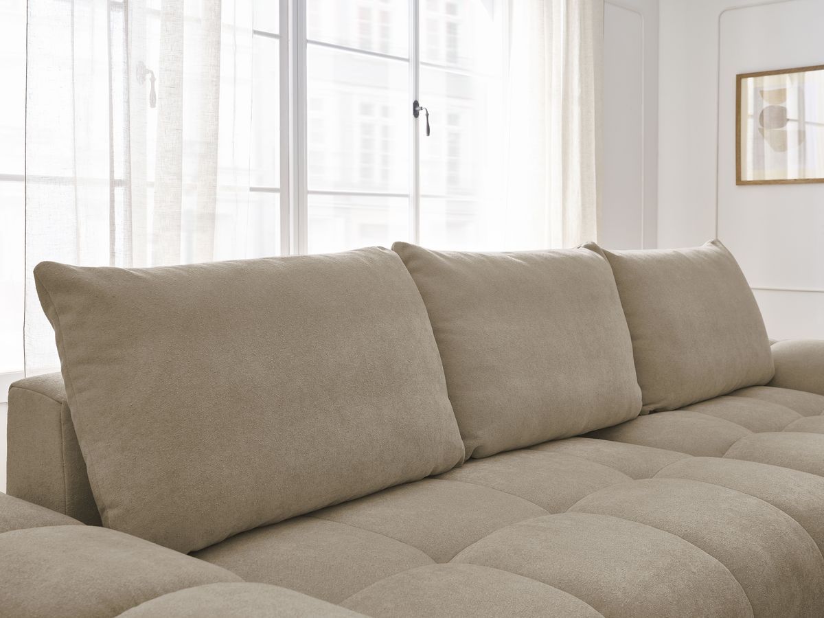 Bobochic Everest Ecksofa mit Schlaffunktion und Bettkasten und Pouf 318 × 180 cm, 3 Kissen Strukturstoff Taupe Ecke rechts