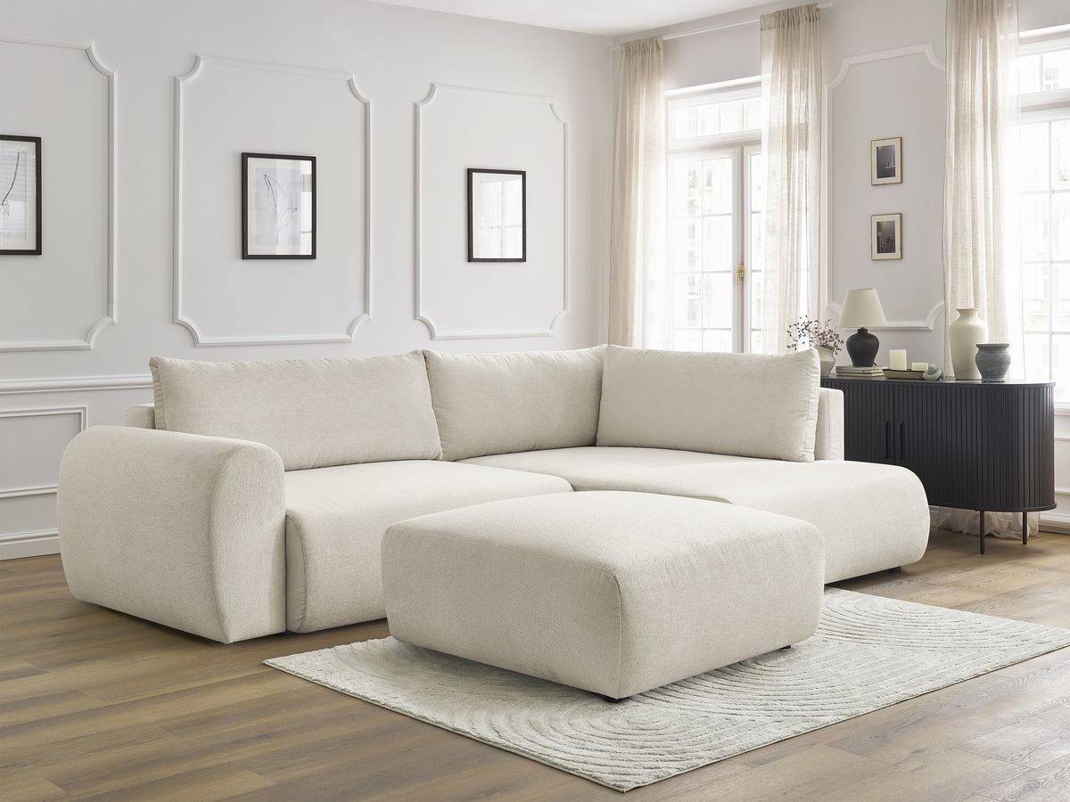 Bobochic Lucien Ecksofa mit Schlaffunktion und Bettkasten und Pouf 296 × 198 cm Stoff Beige Ecke rechts
