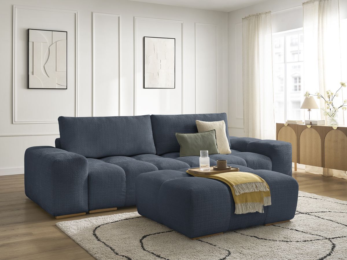 Bobochic Anakin Schlafsofa 3-Sitzer mit Bettkasten und Pouf, 2 Kissen Strukturstoff Dunkelblau
