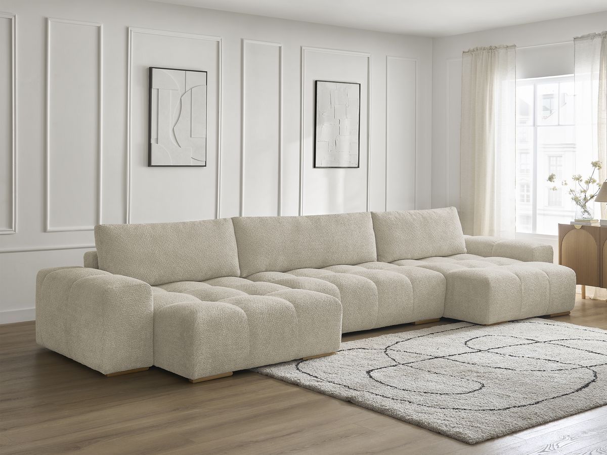 Bobochic Anakin Wohnlandschaft, Liegefläche 137 × 382 cm, 3 Kissen Bouclé-Stoff Beige