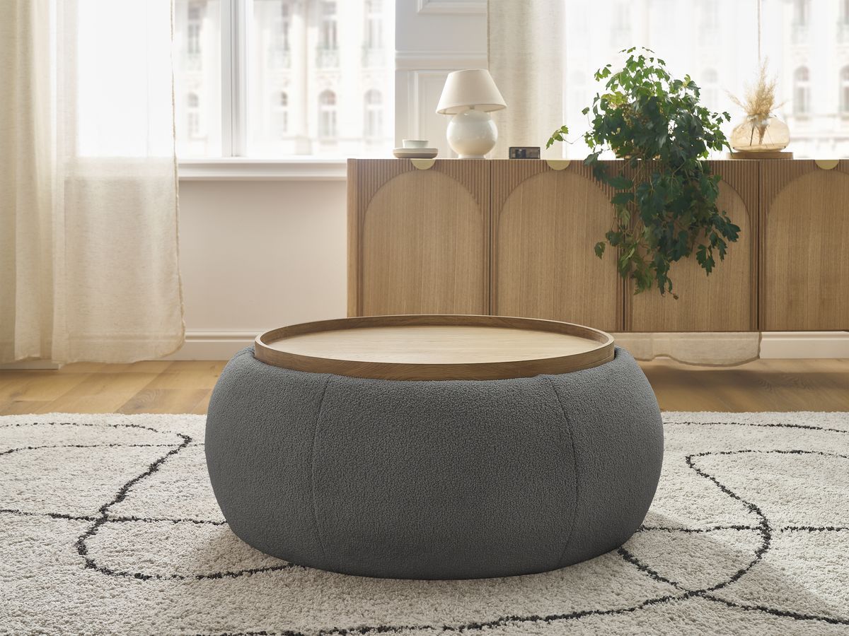 Bobochic Hayden Pouf mit Tablett, rund Bouclé-Stoff Dunkelgrau, 87 cm