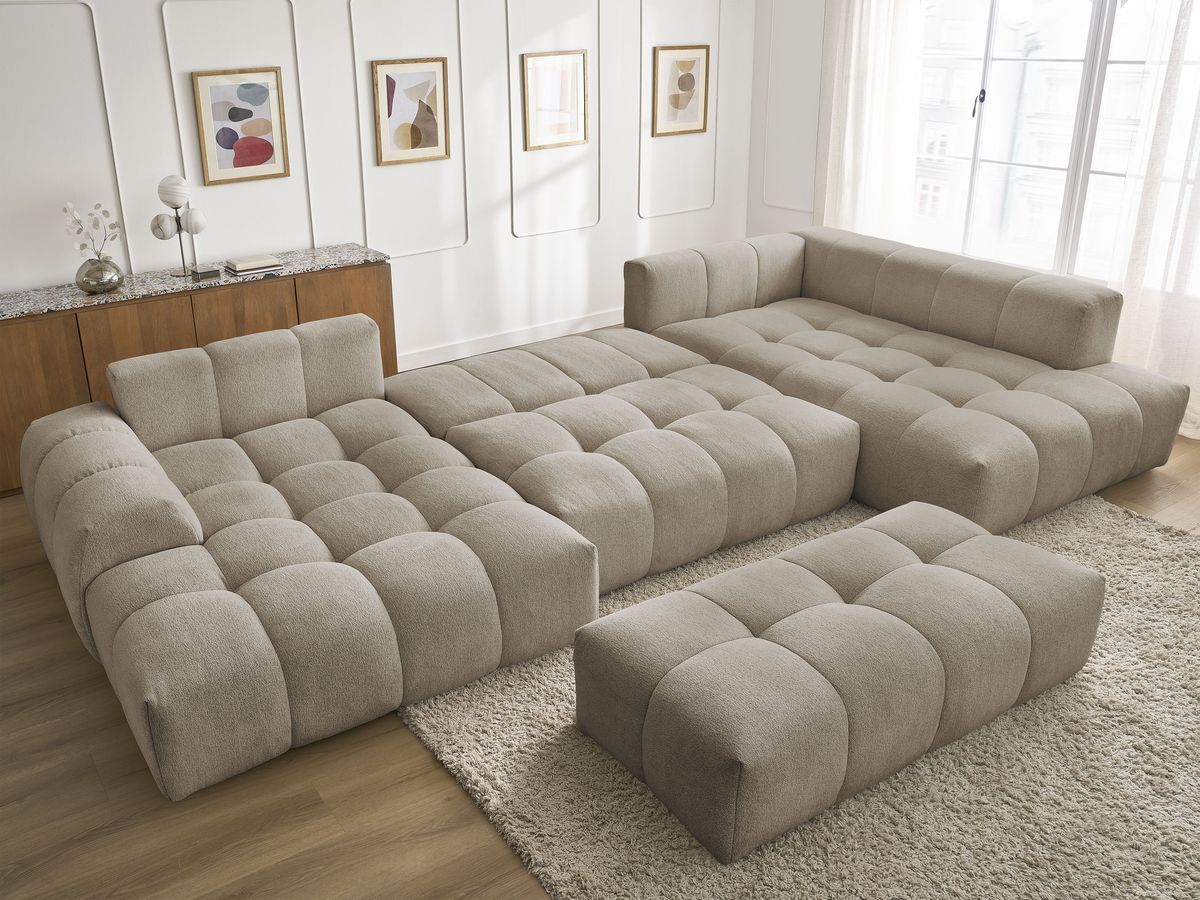 Bobochic Everest Wohnlandschaft mit Pouf, 6 Kissen Melange-Stoff Taupe Ecke links