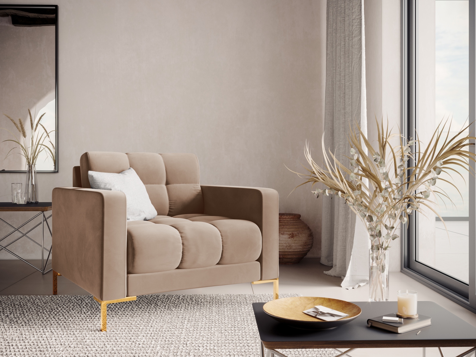Cosmopolitan Design Sessel Bali Samt Bluvel Beige Beine Gold