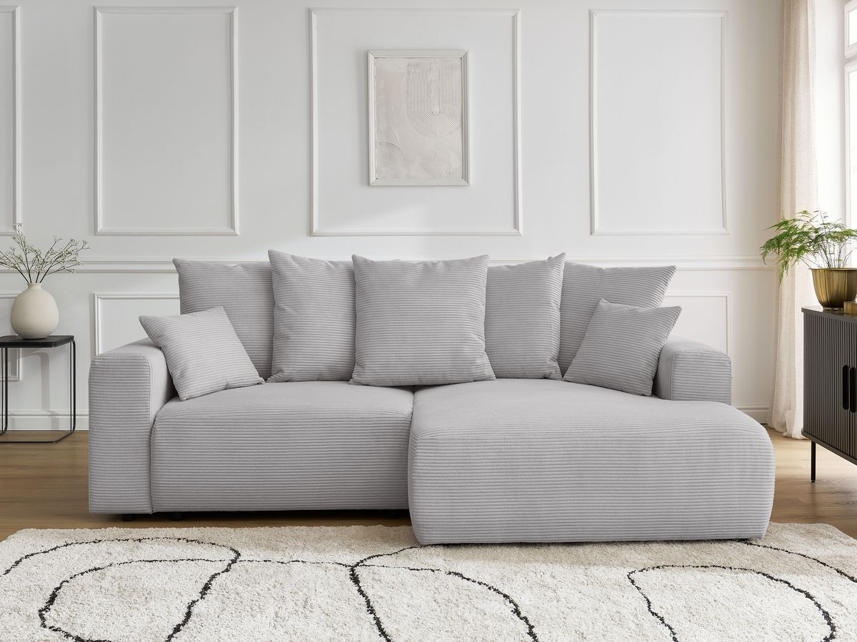 Bobochic Atilla Ecksofa mit Schlaffunktion und Bettkasten Cordsamt Hellgrau Ecke rechts