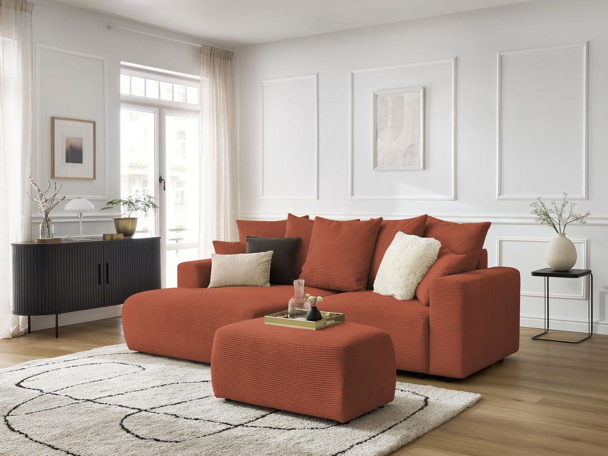Bobochic Atilla Ecksofa mit Schlaffunktion und Bettkasten und Pouf Cordsamt Orange Ecke links
