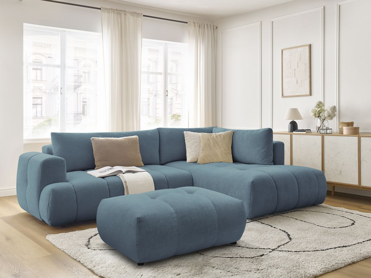 Bobochic Fuji Ecksofa mit Schlaffunktion und Bettkasten und Pouf 282 × 204 cm Stoff Hellblau Ecke rechts