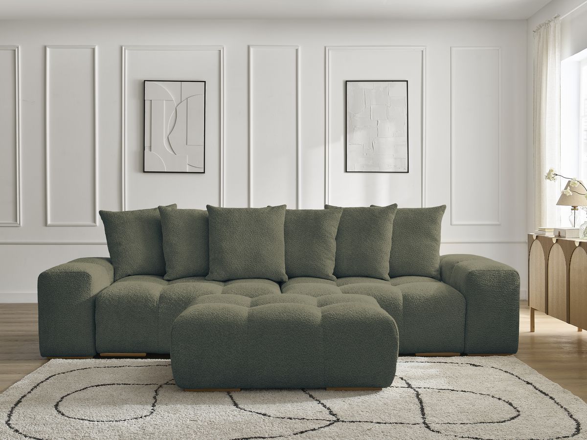 Bobochic Anakin Schlafsofa 3-Sitzer mit Bettkasten und Pouf, 6 Kissen Bouclé-Stoff Grün