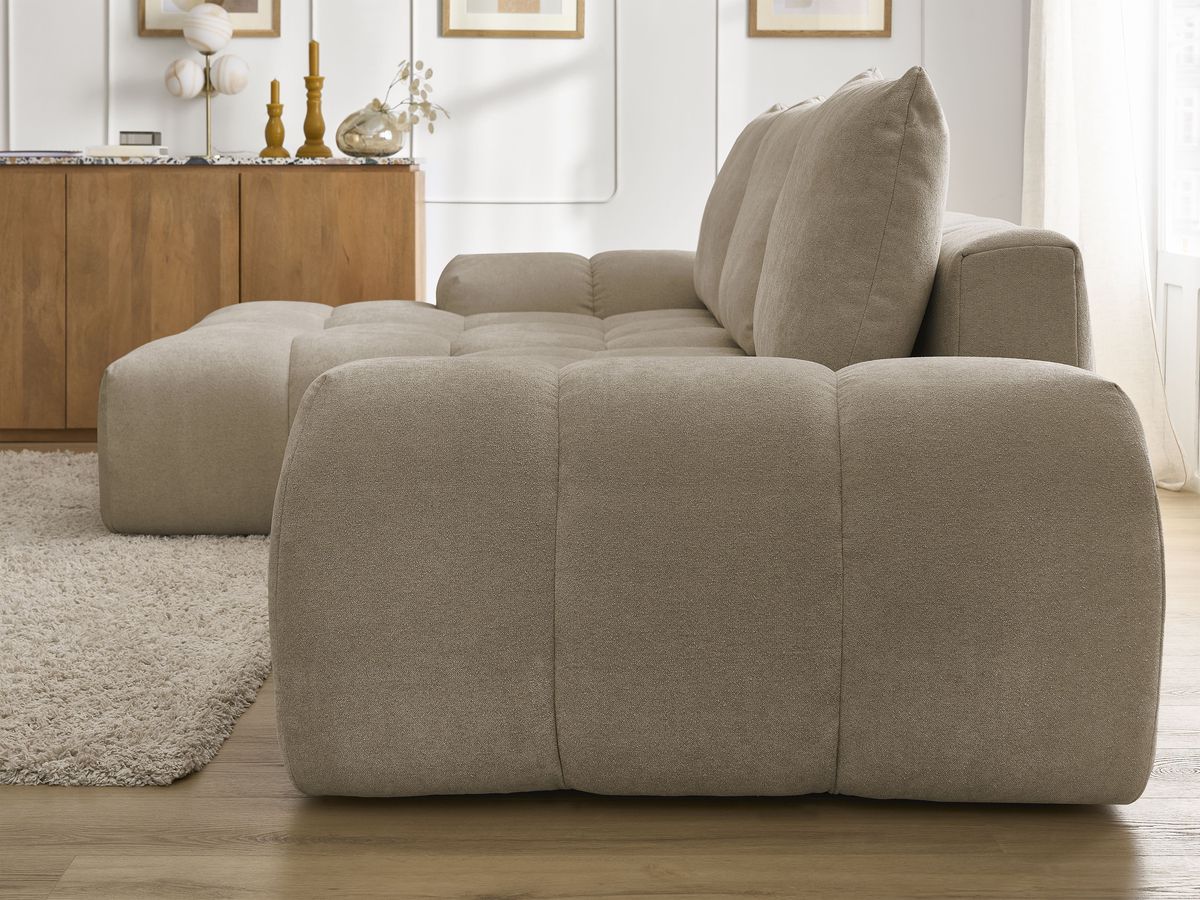 Bobochic Everest Ecksofa mit Schlaffunktion und Bettkasten 318 × 180 cm, 3 Kissen Strukturstoff Taupe Ecke links