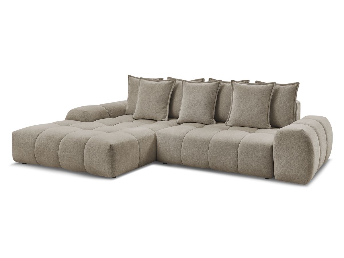Bobochic Everest Ecksofa mit Schlaffunktion und Bettkasten 318 × 180 cm, 7 Kissen Melange-Stoff Taupe Ecke links
