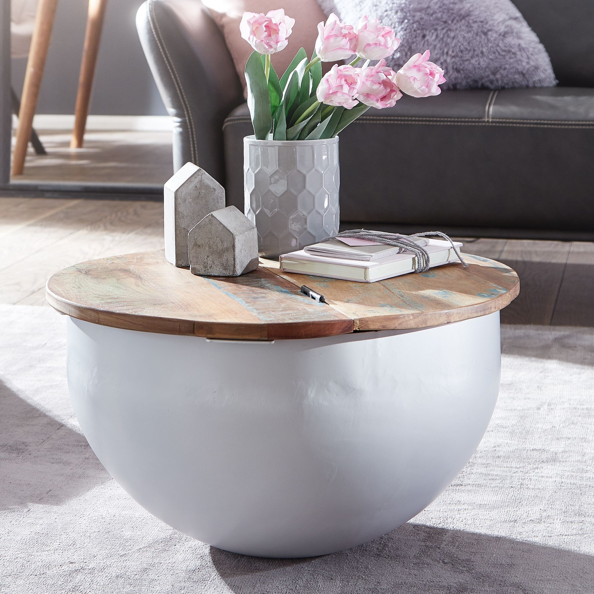 Couchtisch Selatrad Mango Massivholz Weiß Ø 60 cm