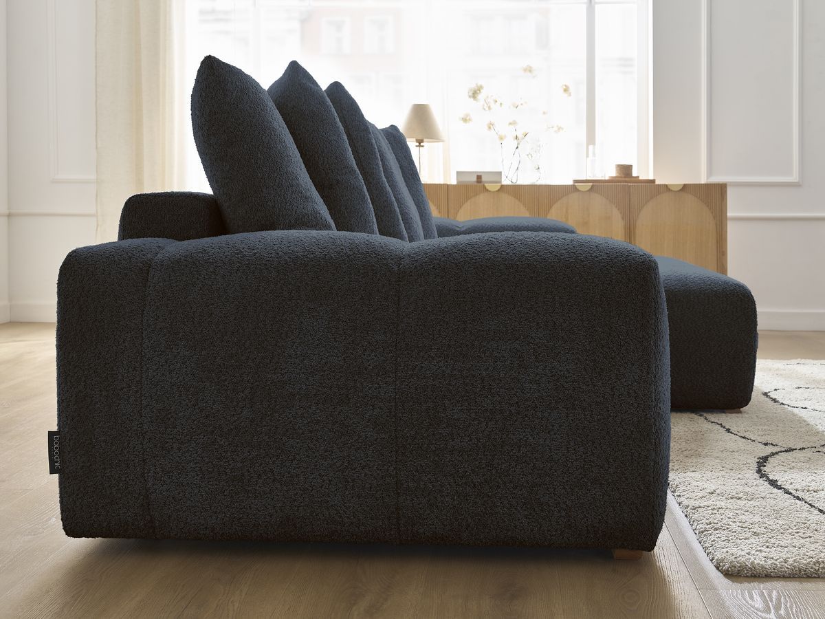 Bobochic Anakin Ecksofa, 6 Kissen Bouclé-Stoff Dunkelblau