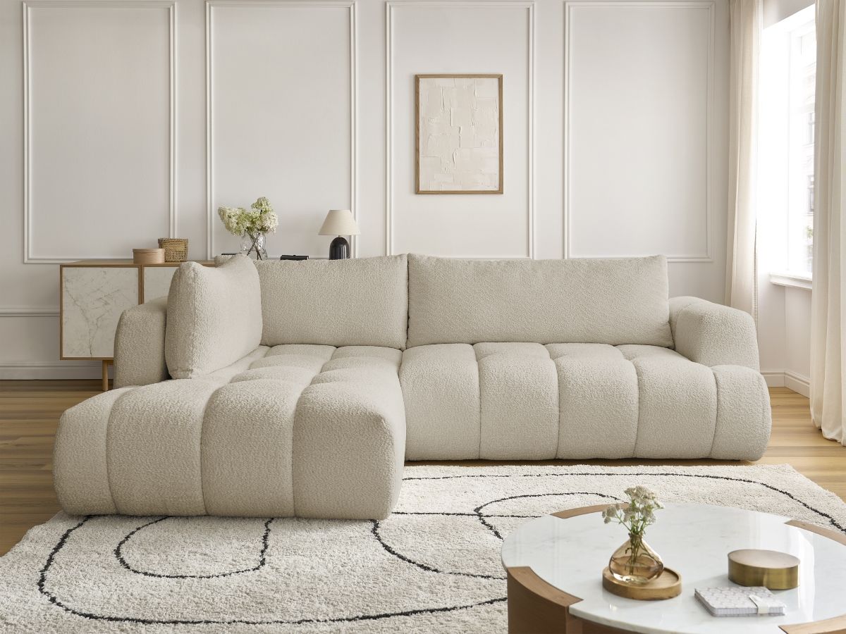 Bobochic Fuji Ecksofa mit Schlaffunktion und Bettkasten 282 × 204 cm Bouclé-Stoff Beige Ecke links