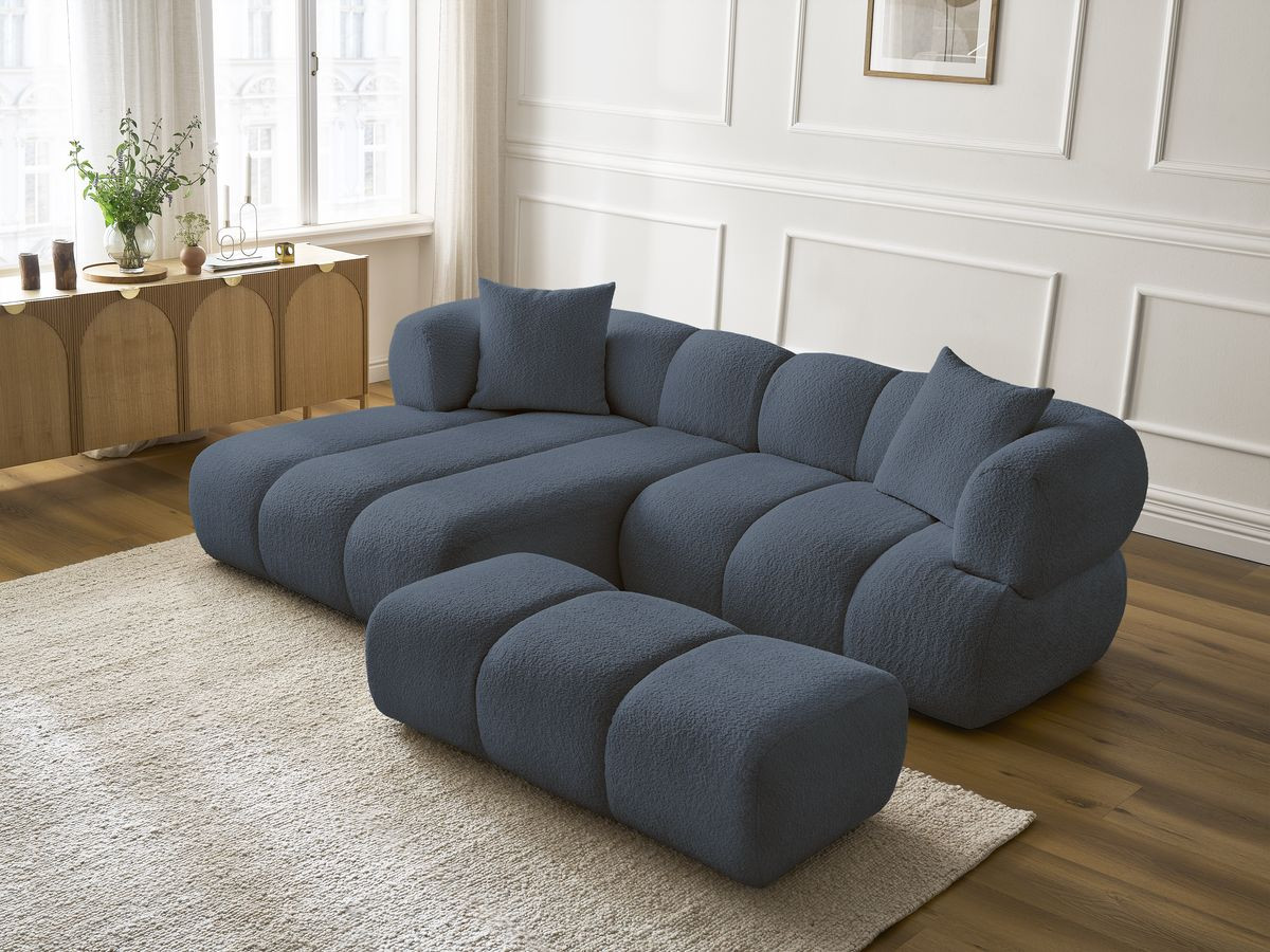Bobochic Pamira Ecksofa mit Pouf Bouclé-Stoff Dunkelblau Ecke links