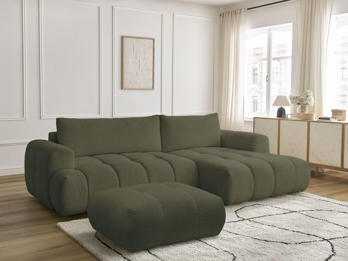 Bobochic Fuji Ecksofa mit Schlaffunktion und Bettkasten und Pouf 292 × 160 cm Bouclé-Stoff Grün Ecke rechts