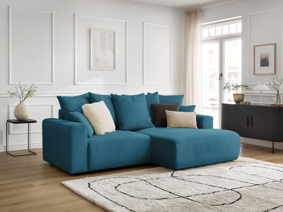Bobochic Atilla Ecksofa mit Schlaffunktion und Bettkasten Cordsamt Hellblau Ecke rechts
