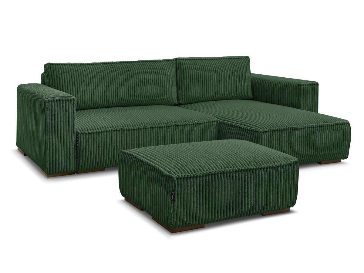 Bobochic Chelsea Ecksofa mit Schlaffunktion und Bettkasten und Pouf Breitcord weich Grün