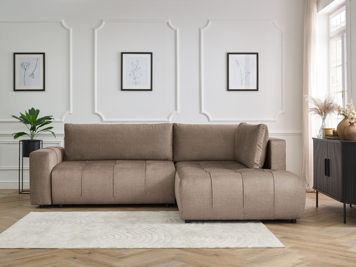 Bobochic Arsene Ecksofa mit Schlaffunktion und Bettkasten 277 × 200 cm Samt Taupe Ecke rechts
