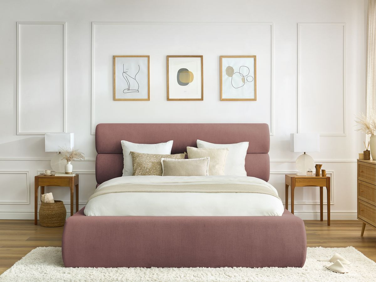 Bobochic Jagna Polsterbett mit Bettkasten Stoff Rosa, Liegefläche 160 × 200 cm