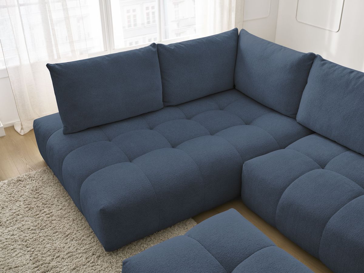 Bobochic Everest Ecksofa mit Schlaffunktion und Bettkasten und Pouf 320 × 212 cm, 5 Kissen Melange-Stoff Dunkelblau Ecke links