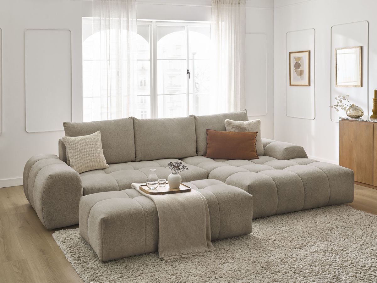 Bobochic Everest Ecksofa mit Schlaffunktion und Bettkasten und Pouf 318 × 180 cm, 3 Kissen Melange-Stoff Taupe Ecke rechts