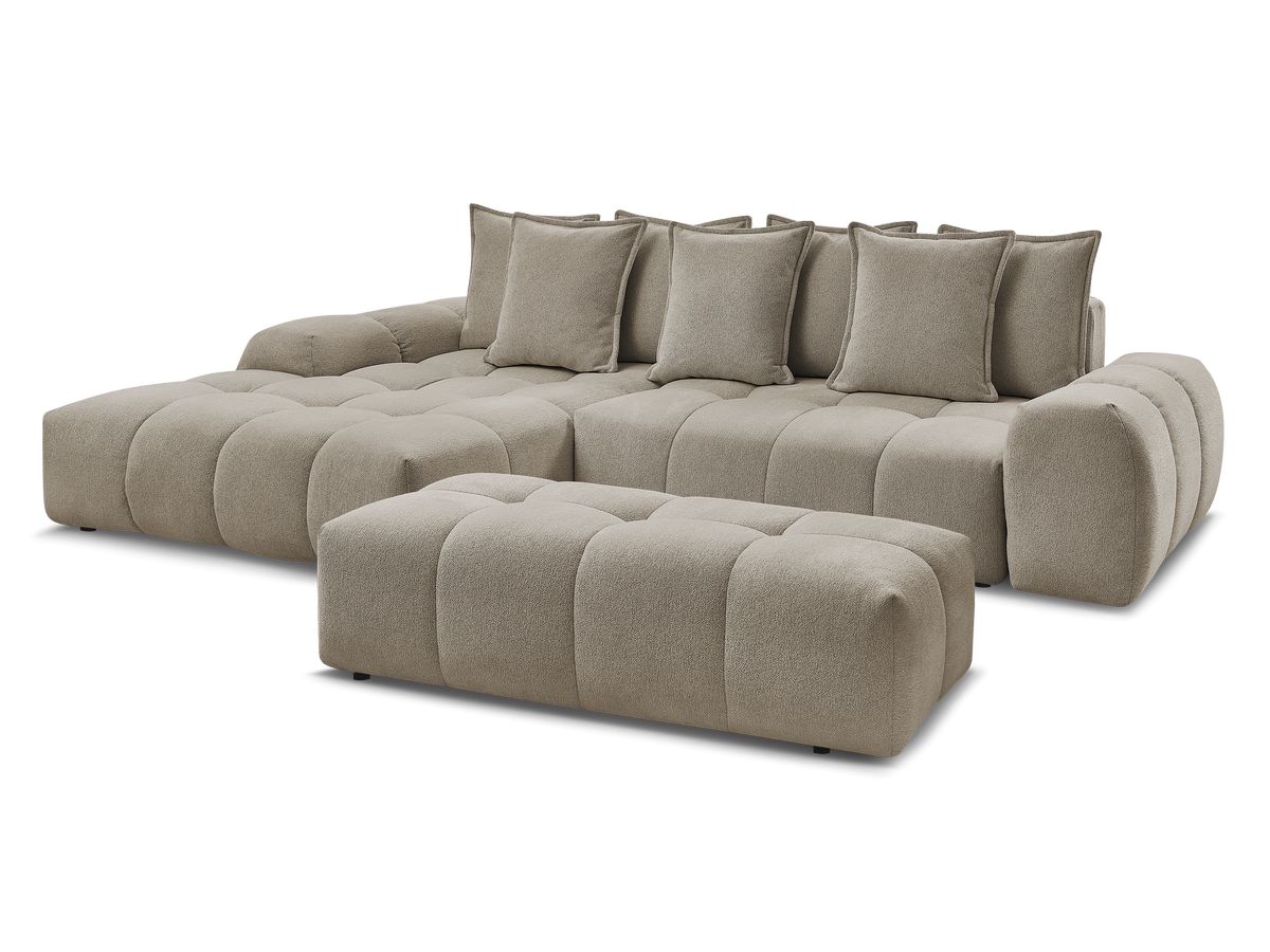 Bobochic Everest Ecksofa mit Schlaffunktion und Bettkasten und Pouf 318 × 180 cm, 7 Kissen Melange-Stoff Taupe Ecke links