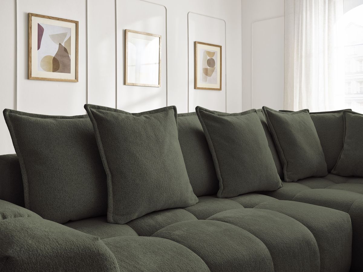 Bobochic Everest Ecksofa mit Schlaffunktion und Bettkasten 320 × 212 cm, 10 Kissen Melange-Stoff Grün Ecke rechts