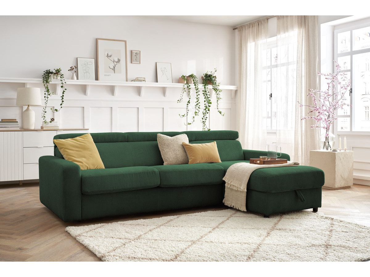 Bobochic Monaco Ecksofa mit Schlaffunktion und Bettkasten Cordsamt Grün, Liegefläche 160 × 190 cm