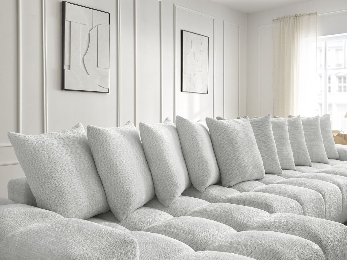Bobochic Anakin Wohnlandschaft, Liegefläche 137 × 382 cm, 10 Kissen Strukturstoff Hellgrau