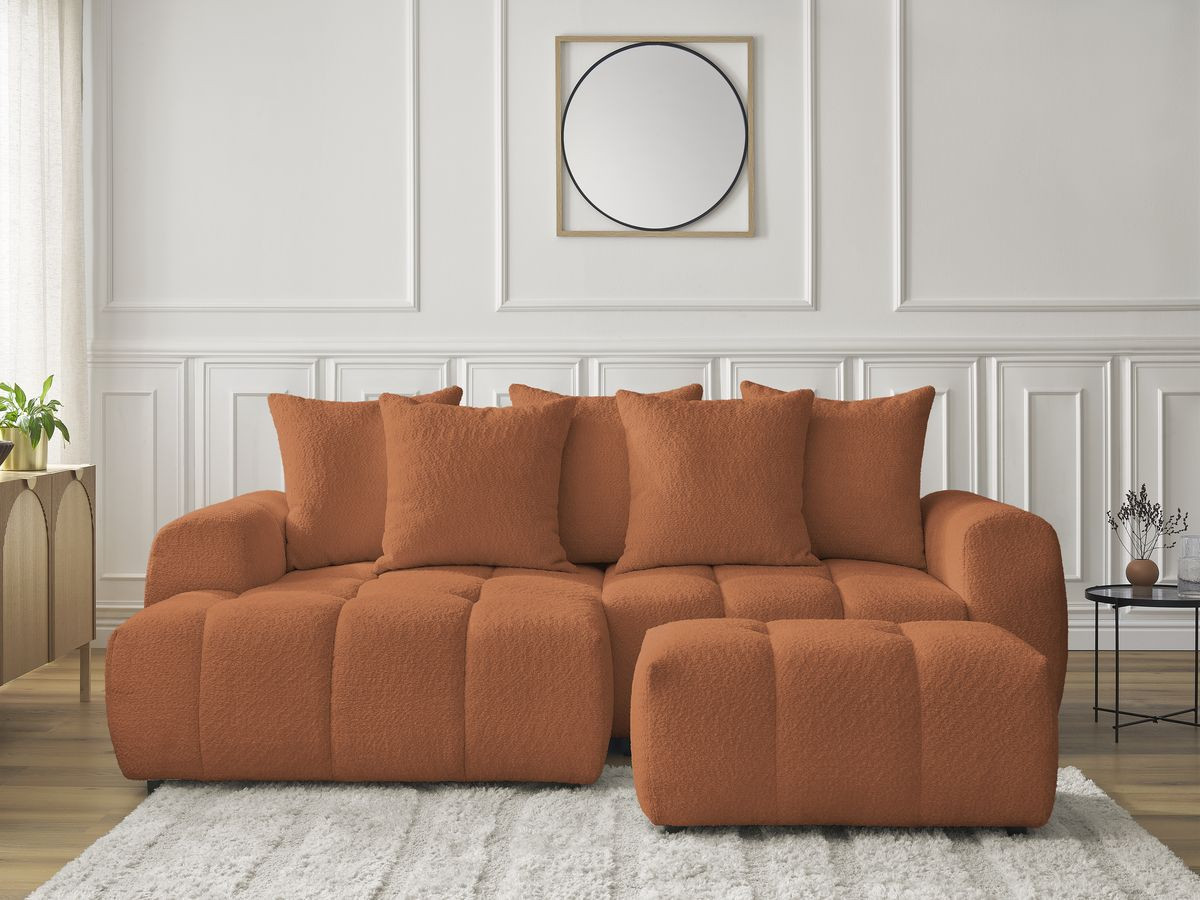 Bobochic Roxelane Ecksofa mit Schlaffunktion und Bettkasten und Pouf 258 × 150 cm Bouclé-Stoff Orange Ecke links
