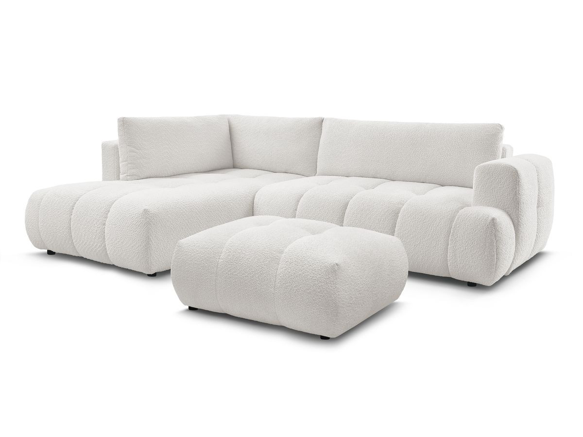 Bobochic Fuji Ecksofa mit Schlaffunktion und Bettkasten und Pouf 282 × 204 cm Bouclé-Stoff Weiß Ecke links