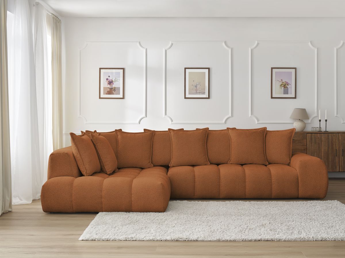 Bobochic Everest Ecksofa, 10 Kissen Melange-Stoff Orange Ecke links