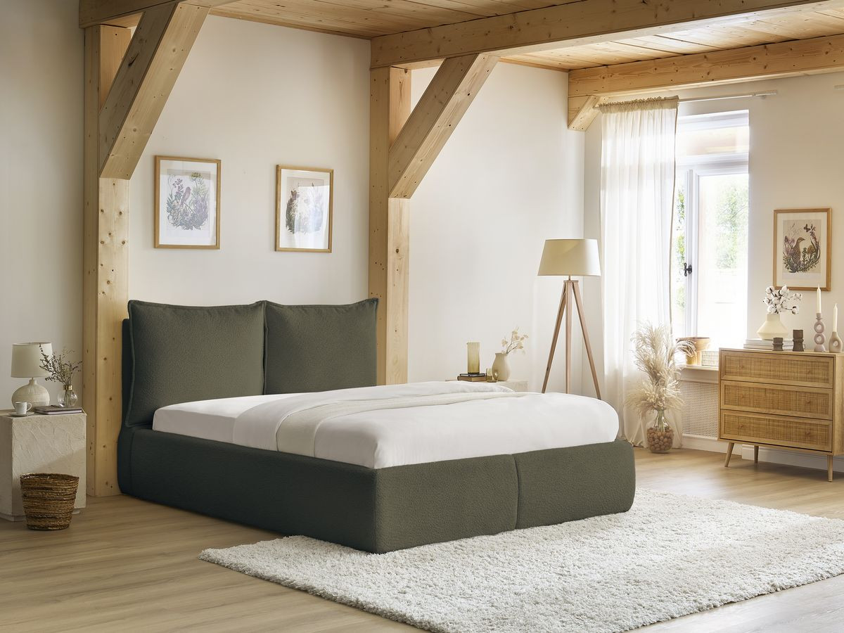 Bobochic Garance Polsterbett mit Bettkasten Bouclé-Stoff Grün, Liegefläche 140 × 190 cm