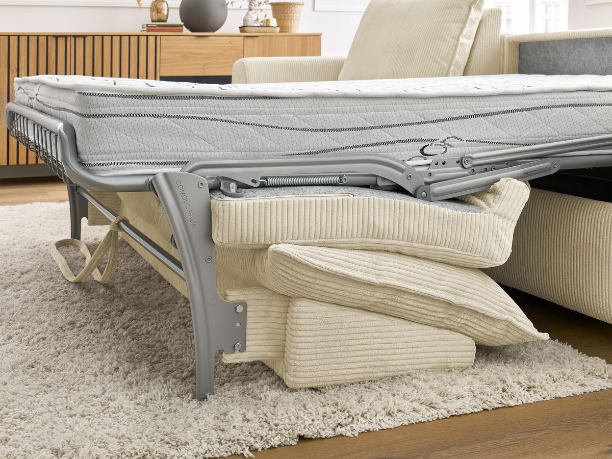 Bobochic Augustin Ecksofa mit Schlaffunktion und Bettkasten Cordsamt Beige, Liegefläche 140 × 200 cm