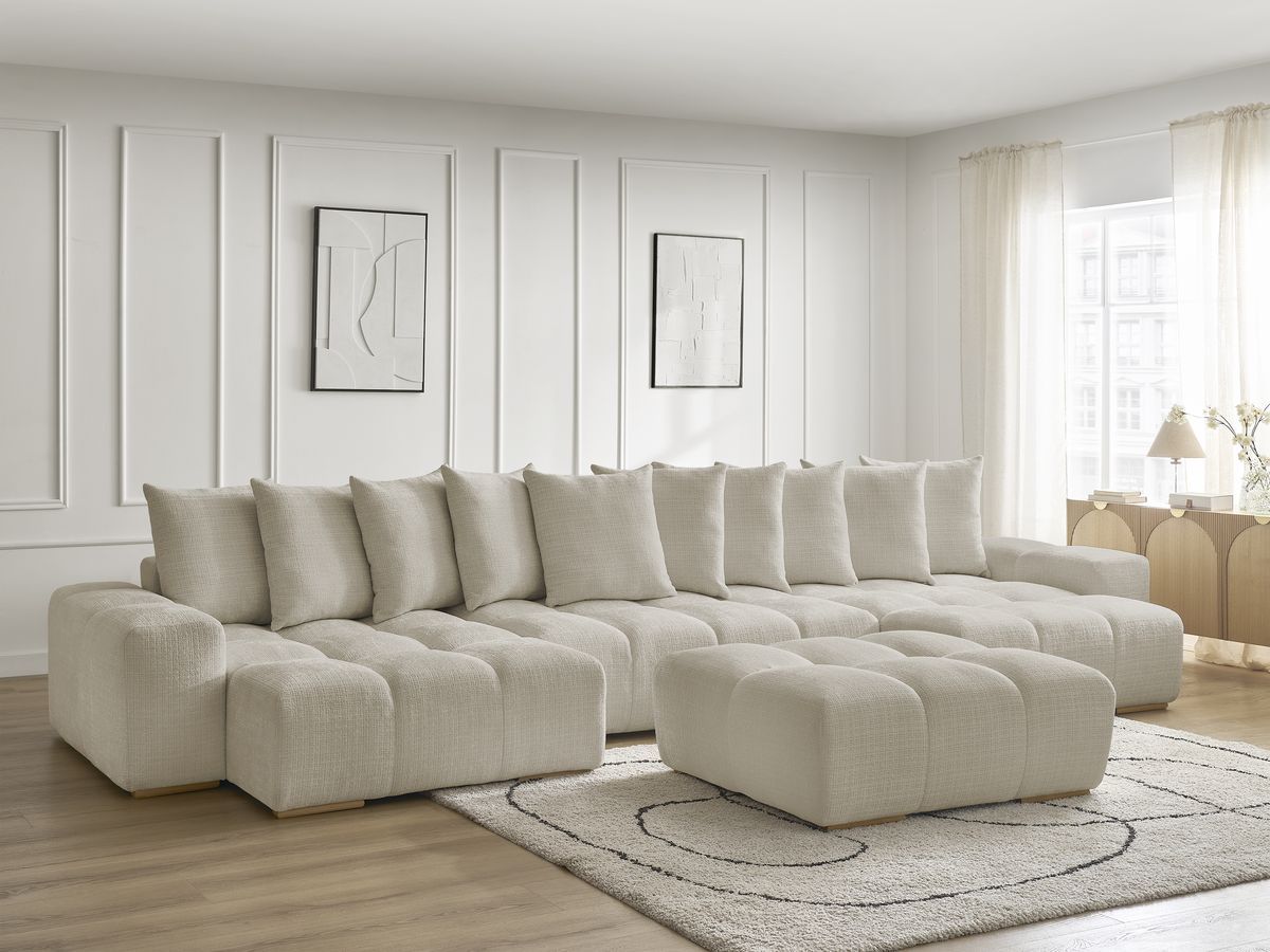 Bobochic Anakin Wohnlandschaft mit Pouf, 10 Kissen Strukturstoff Beige