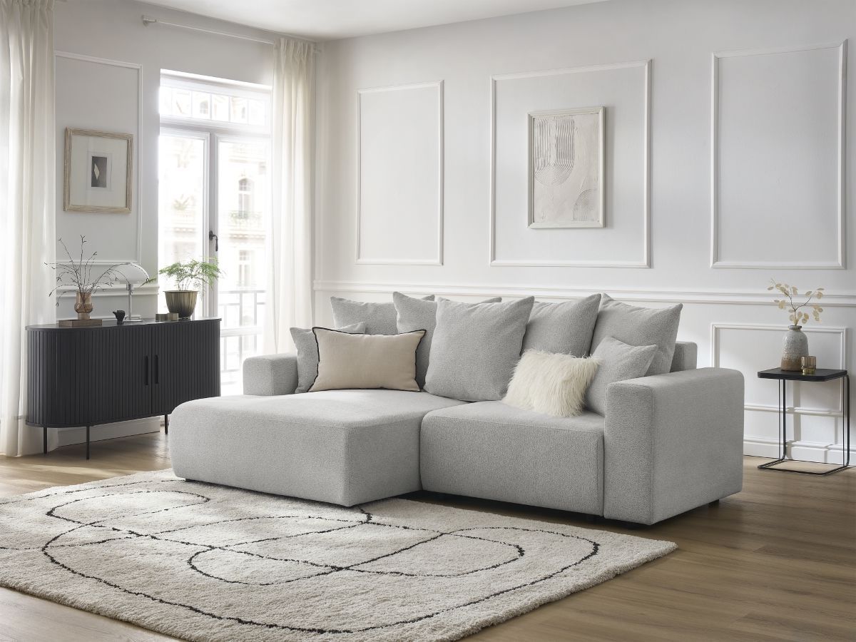 Bobochic Atilla Ecksofa mit Schlaffunktion und Bettkasten Melange-Stoff Hellgrau Ecke links