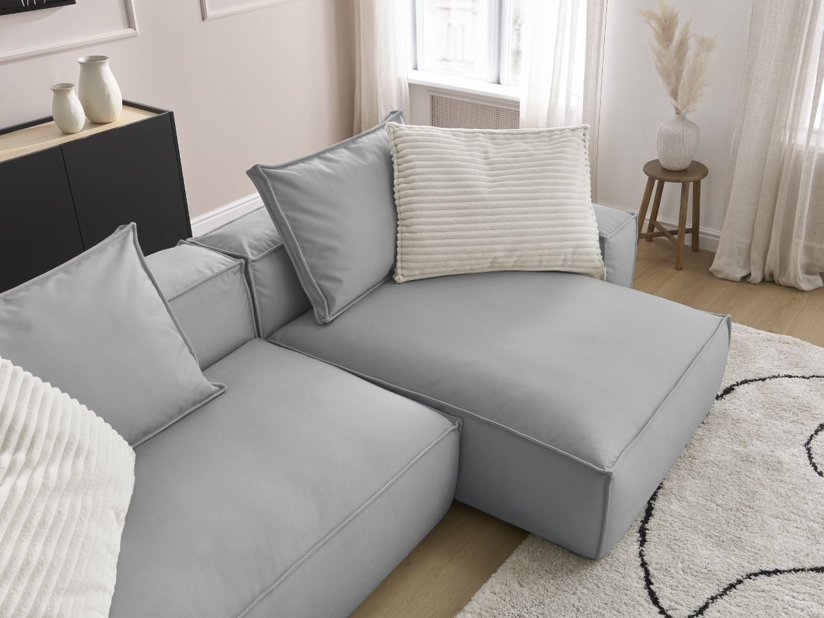 Bobochic Boheme Ecksofa, 3 Kissen Kunstleder Hellgrau