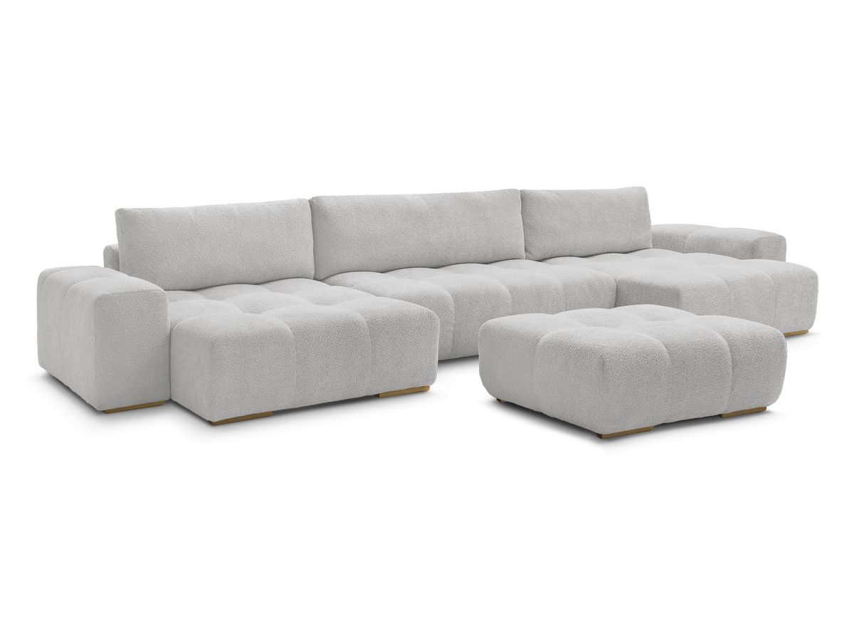 Bobochic Anakin Wohnlandschaft mit Pouf, Liegefläche 137 × 382 cm, 3 Kissen Bouclé-Stoff Hellgrau
