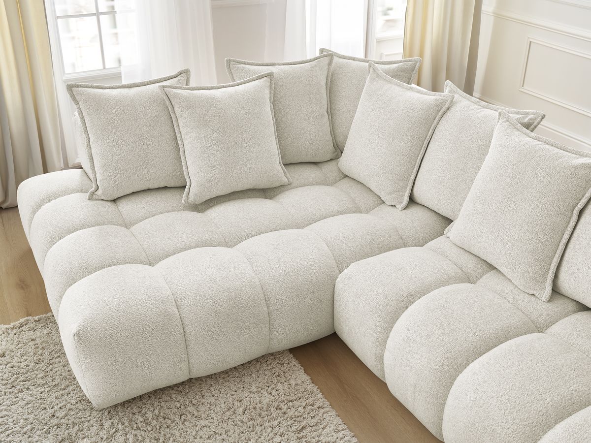 Bobochic Everest Ecksofa mit Schlaffunktion und Pouf, 10 Kissen Melange-Stoff Weiß Ecke links