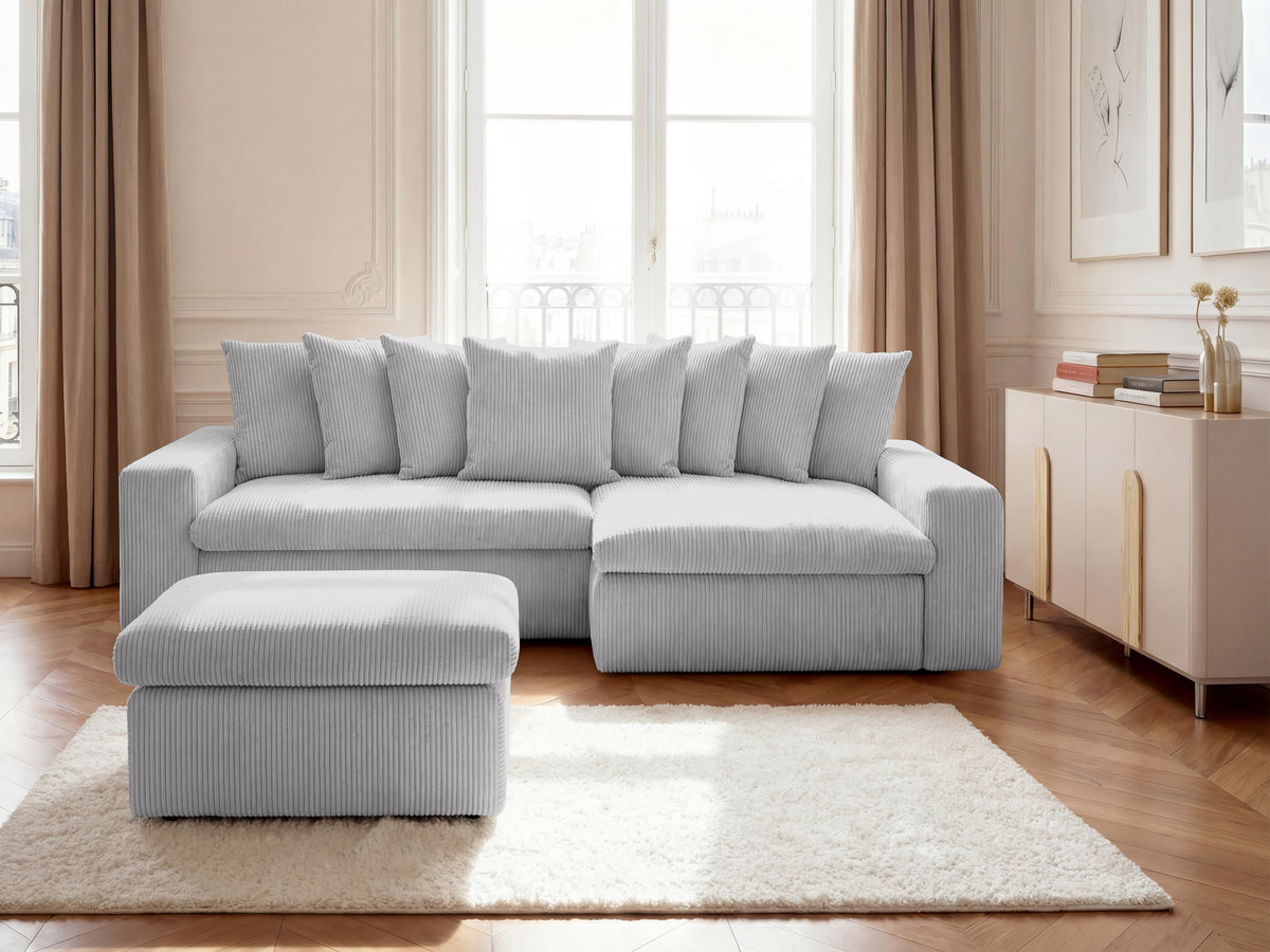 Bobochic Enore Ecksofa mit Pouf Cordsamt Hellgrau Ecke rechts