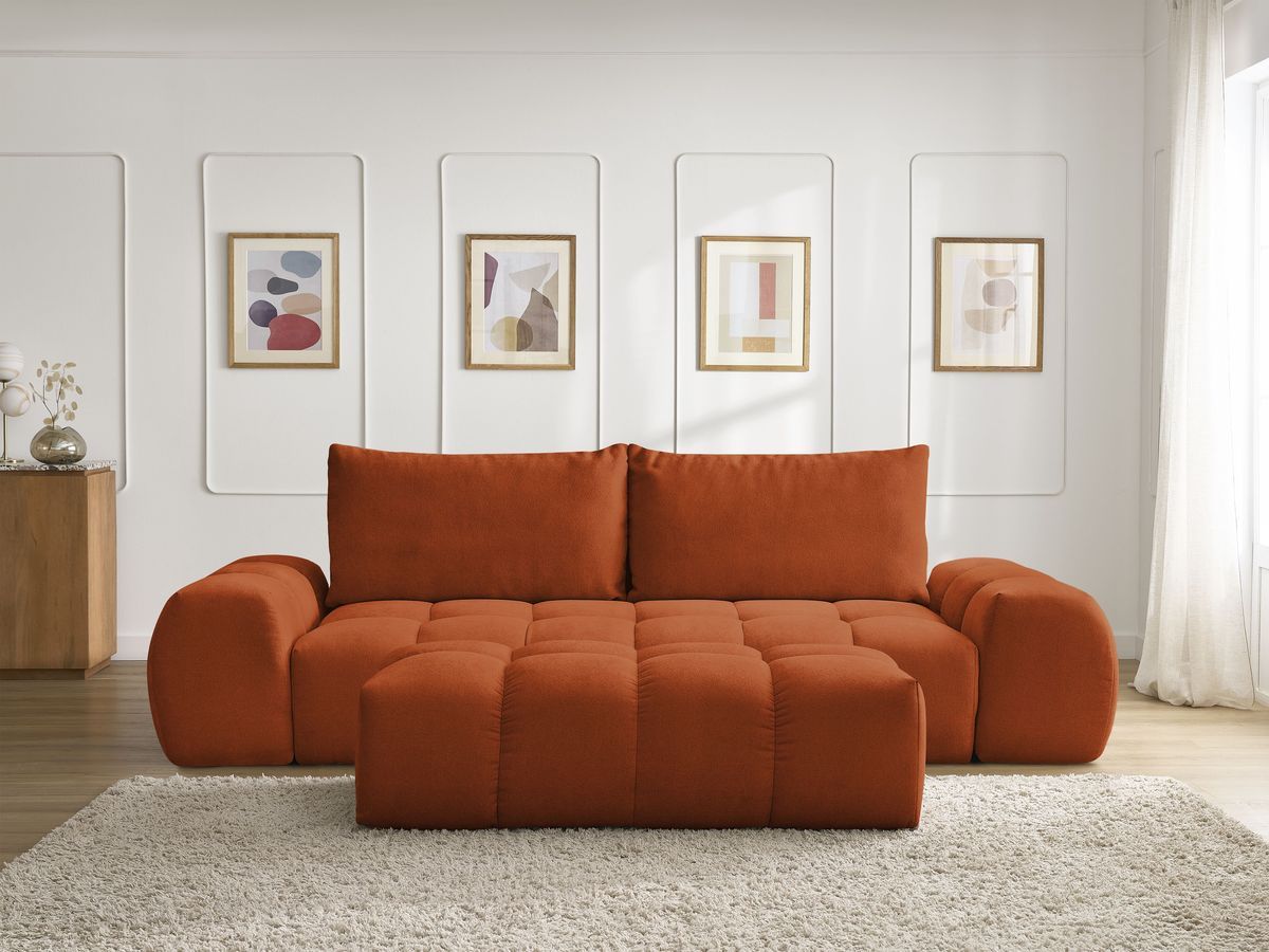 Bobochic Everest Schlafsofa 3-Sitzer mit Bettkasten und Pouf, 2 Kissen Strukturstoff Orange