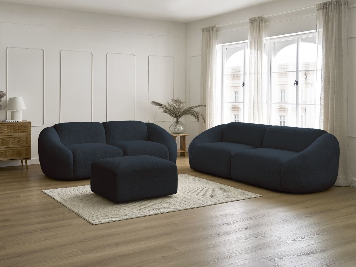Bobochic Tina Sofa 6-Sitzer mit Pouf Bouclé-Stoff Dunkelblau