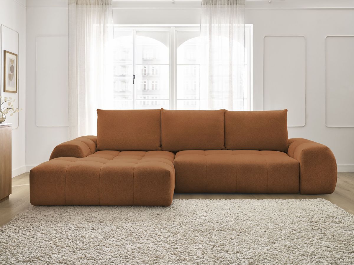 Bobochic Everest Ecksofa mit Schlaffunktion und Bettkasten 318 × 180 cm, 3 Kissen Melange-Stoff Orange Ecke links