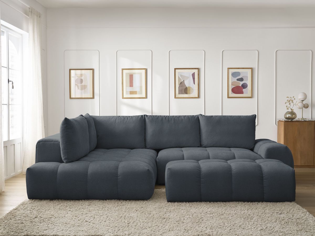 Bobochic Everest Ecksofa mit Schlaffunktion und Bettkasten und Pouf 320 × 212 cm, 5 Kissen Strukturstoff Dunkelblau Ecke links