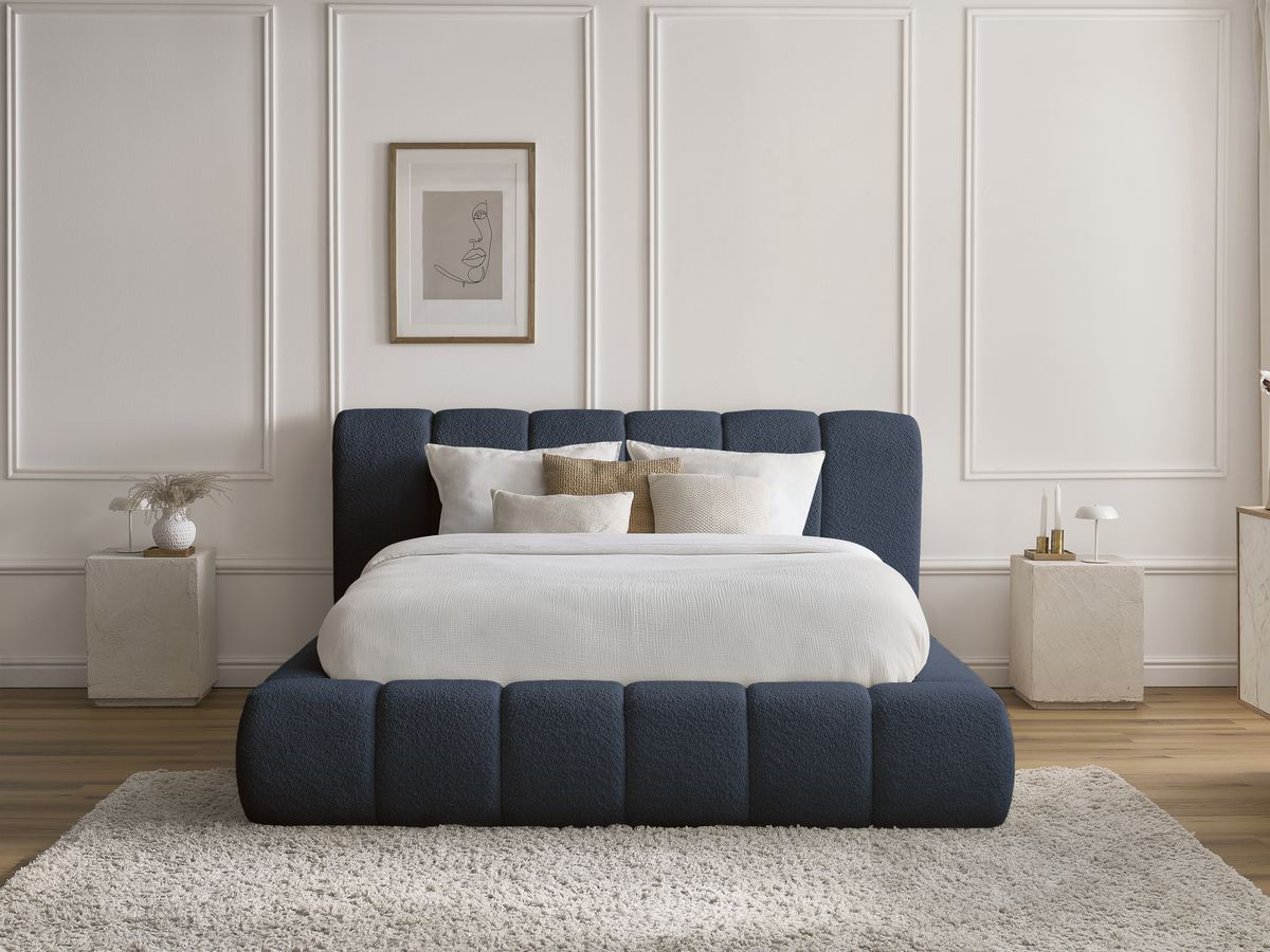 Bobochic Denali Polsterbett mit Bettkasten Bouclé-Stoff Dunkelblau, Liegefläche 140 × 190 cm