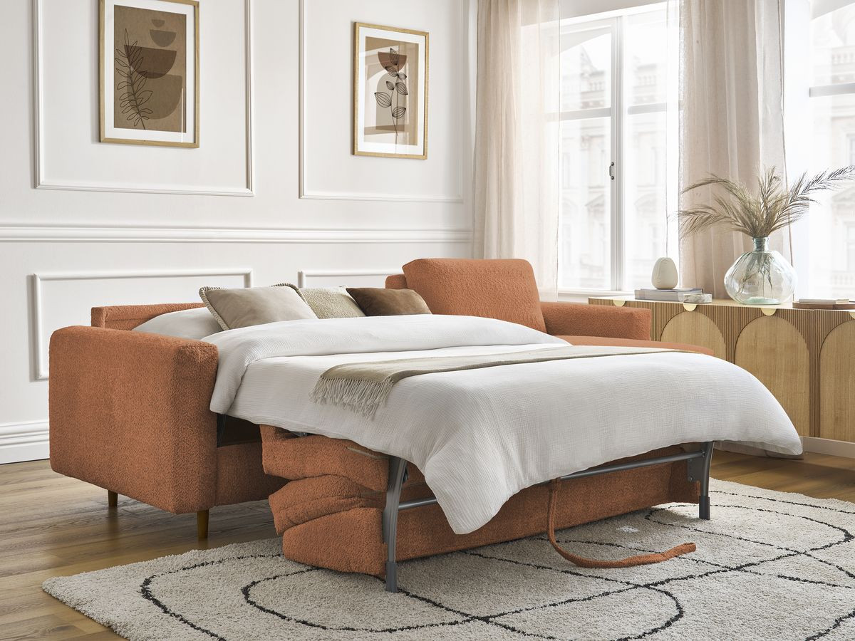 Bobochic Cocoone Ecksofa mit Schlaffunktion und Bettkasten Bouclé-Stoff Orange, Liegefläche 140 × 200 cm