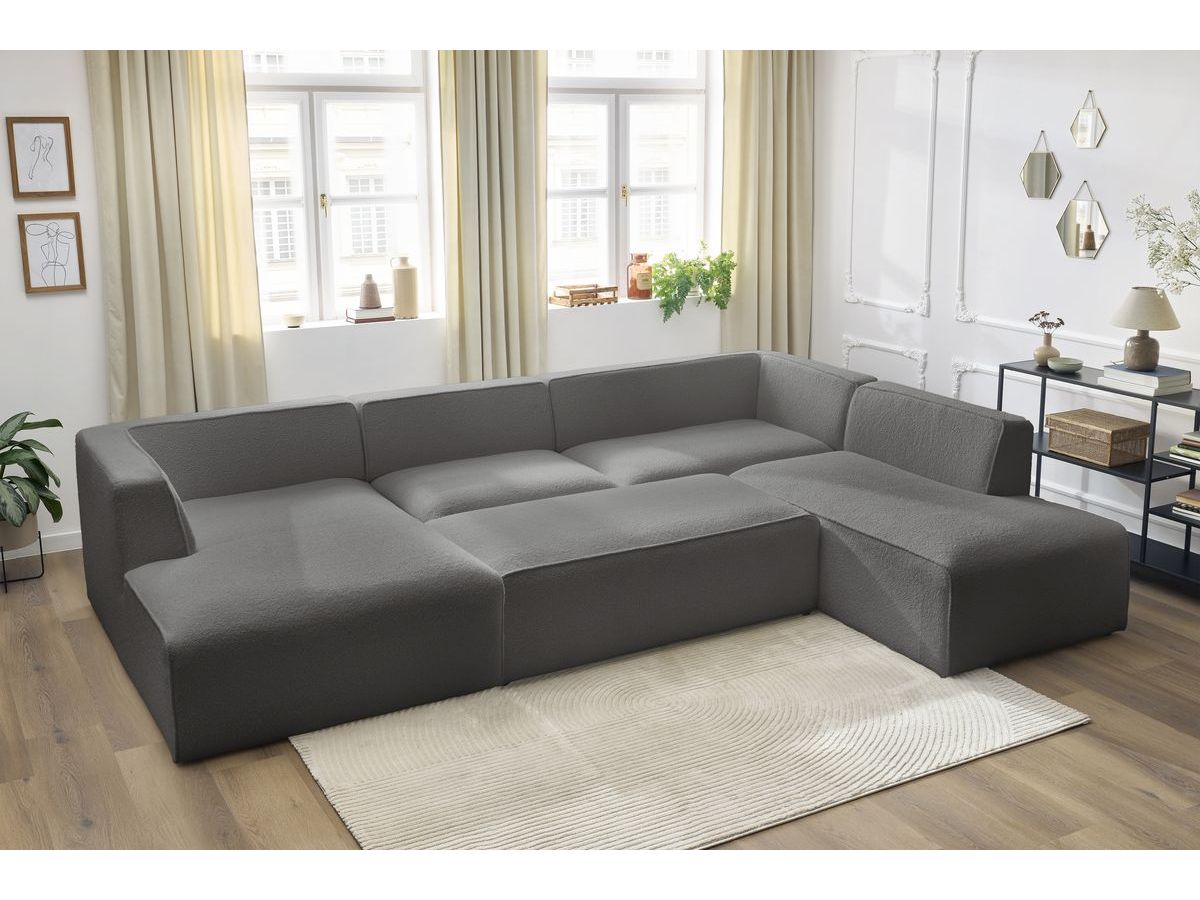 Bobochic Megeve Wohnlandschaft mit Pouf Bouclé-Stoff Dunkelgrau Ecke links